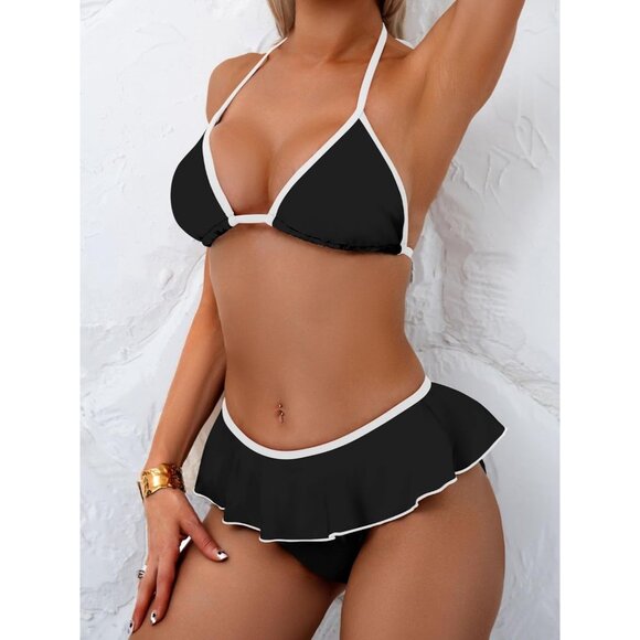 swimall Women's LARGE Black White Bikini Halter String Two Piece NEW!!! - Picture 2 of 5